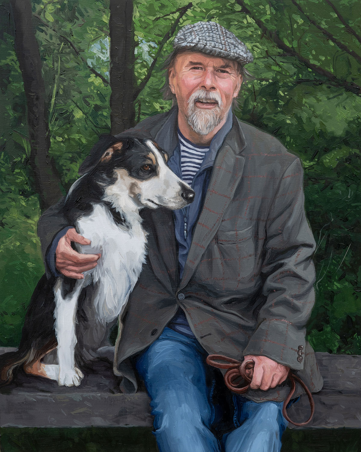 Harry and Spook Commissioned oil painting of a man with his beloved dog sat on a park bench with trees behind.