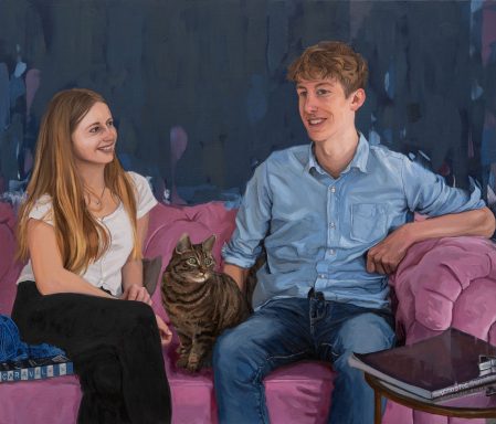 Seb, Sienna and Thornie Custom commissioned oil portrait of a brother, sister and their cat sat on a pink sofa.