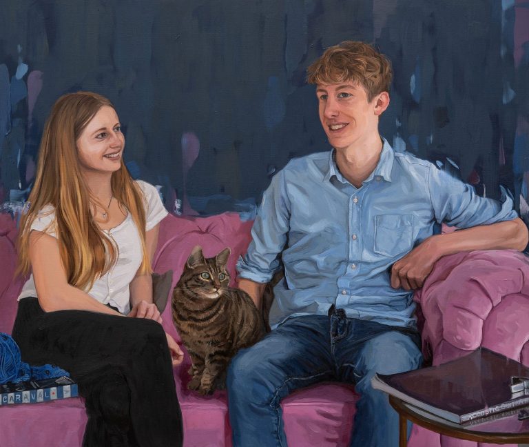 Seb, Sienna and Thornie Portrait painting of a brother and sister sat on the sofa with their cat, painted by Oliver Winconek
