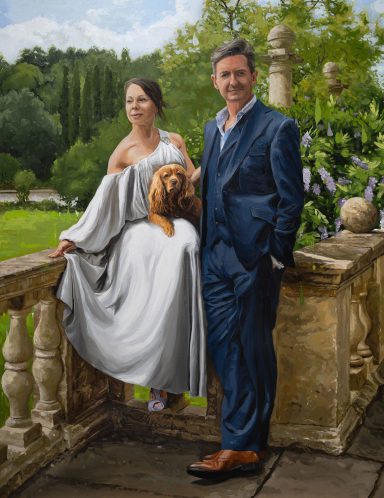 Sarah, Chris and Hailey Custom portrait painting of a man and woman with their dog in the grounds of a country house. They are dressed very smartly.