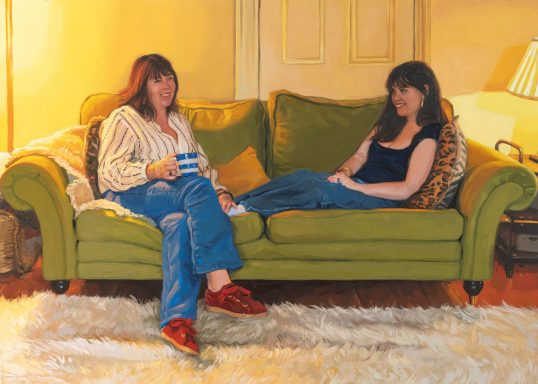 B&N Commissioned portrait painting of a mother and daughter sat on a green sofa in a living room.