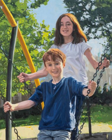 Brother and sister portrait Hand-painted commissioned portrait of siblings standing together, rendered in soft oil brushstrokes with warm sun in a park setting.